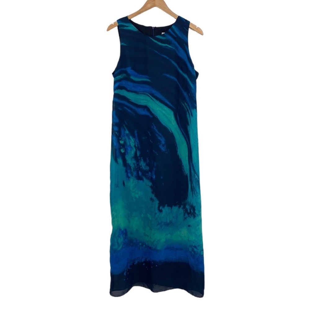 Vintage Mary McFadden Dress Womens 14 Maxi Blue Green Abstract Swirl Sleeveless